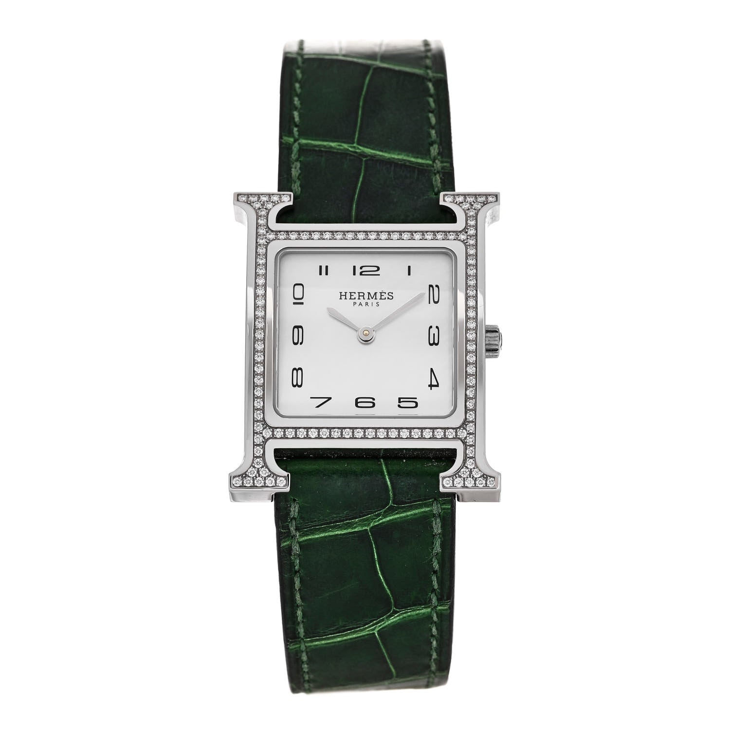 Hermes Stainless Steel Alligator Diamond Bezel Mother of Pearl 26mm Heure H Hour Quartz Watch Vert Moyen 1 of 5