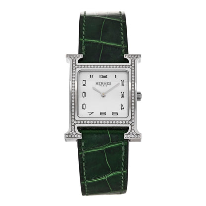 Hermes Stainless Steel Alligator Diamond Bezel Mother of Pearl 26mm Heure H Hour Quartz Watch Vert Moyen 1 of 5
