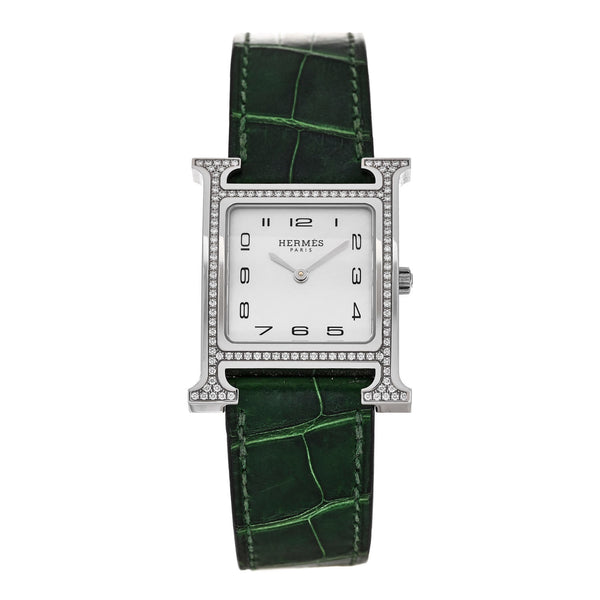 Hermes Stainless Steel Alligator Diamond Bezel Mother of Pearl
