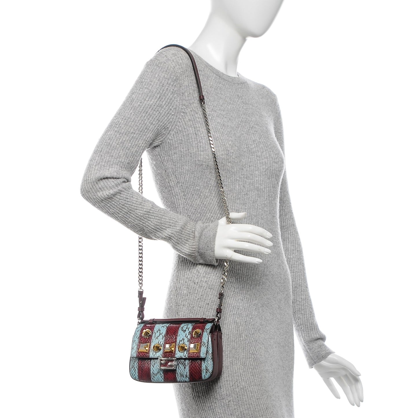 Elaphe Vitello Dolce Pequin Inlay Studded Micro Double Baguette Bordeaux Sky