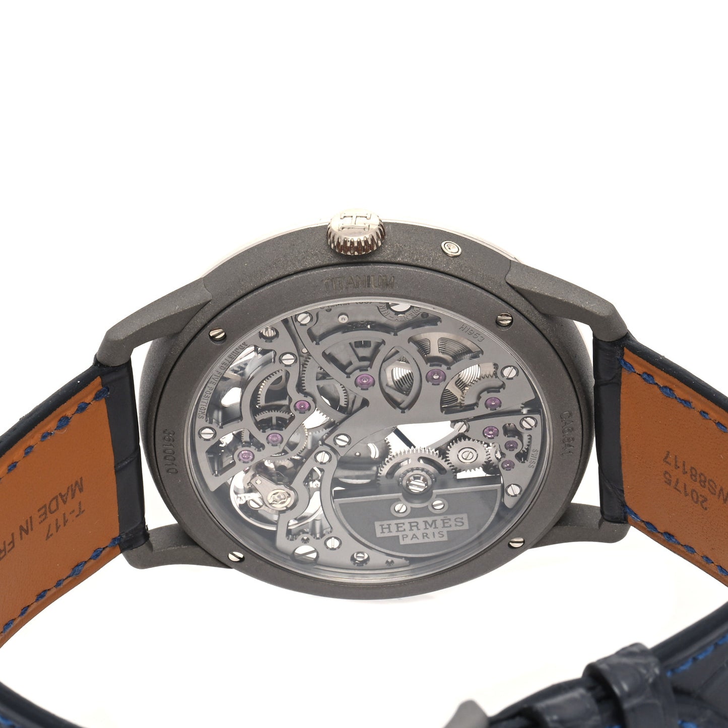 Platinum Titanium Alligator 39.5mm Slim d'Hermes Squelette Lune Automatic Watch Graphite