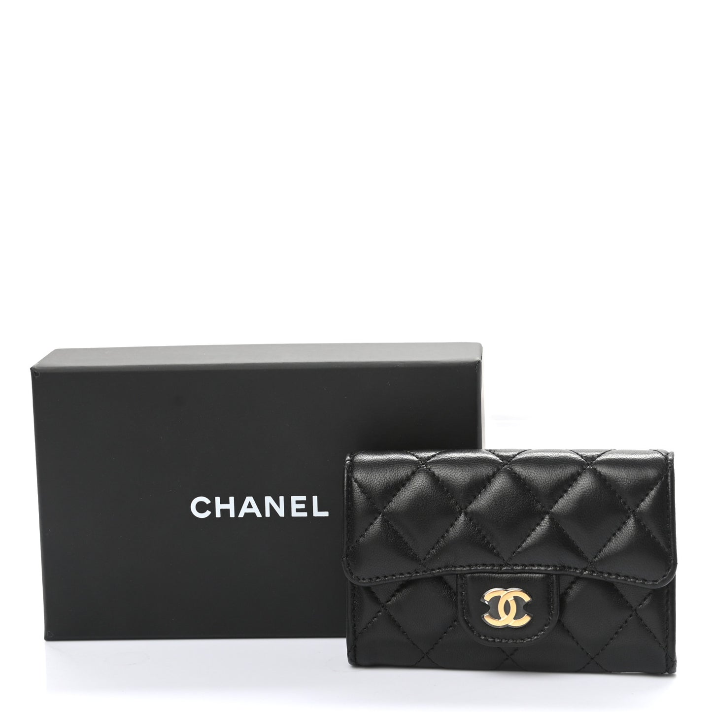 Lambskin Quilted Flap Card Holder Wallet Black