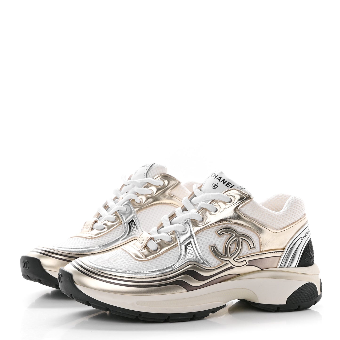 Fabric Laminated Calfskin Stretch CC Sneakers 36.5 White Gold Silver