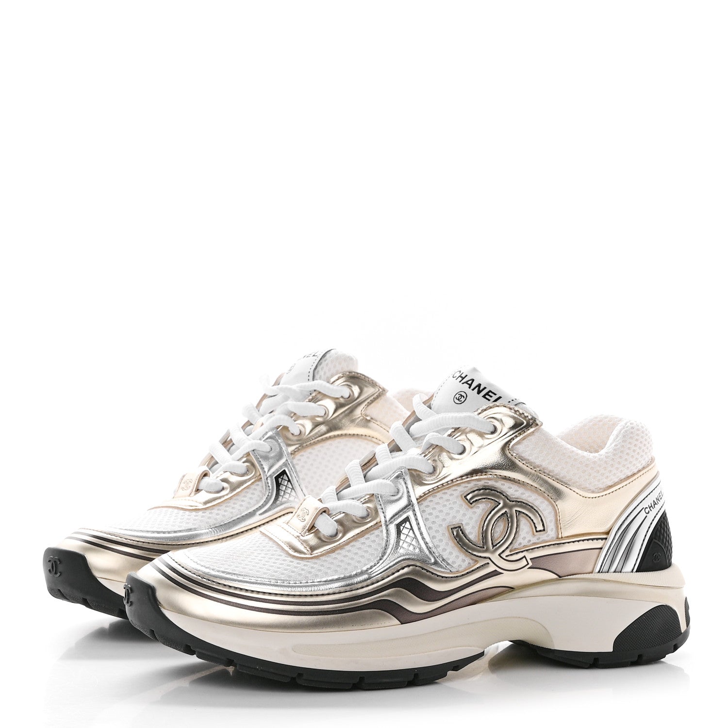 Chanel Fabric Laminated Calfskin Stretch CC Sneakers 36.5 White Gold Silver 3 of 16