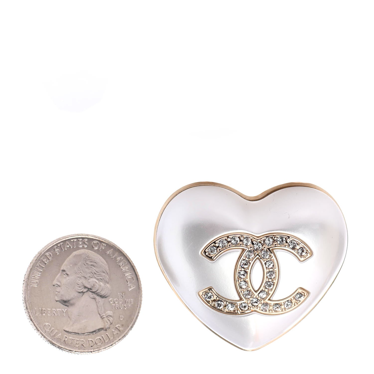 Chanel Resin Crystal CC Heart Brooch Pearly White Gold 2 of 4