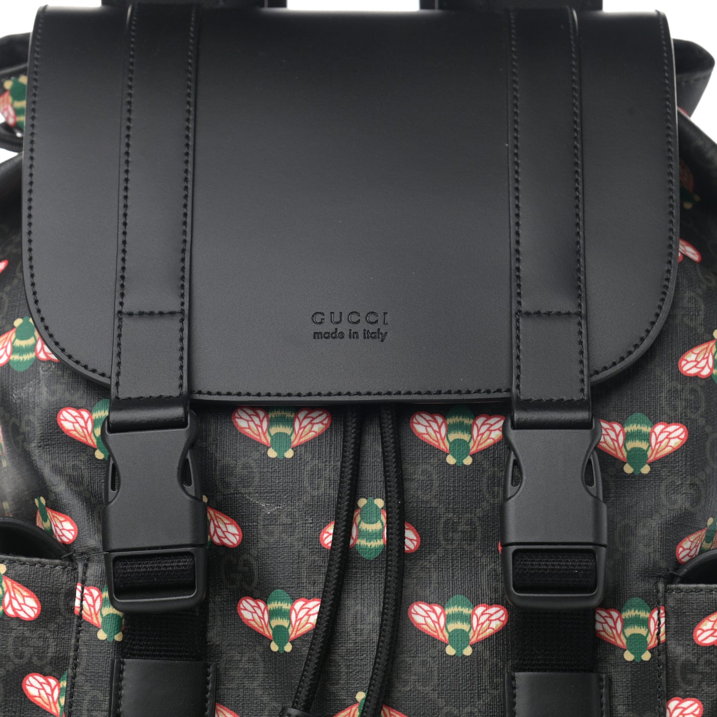 Soft GG Supreme Monogram Bee Multicolor Appia Calfskin Double Buckle Backpack Black Multicolor