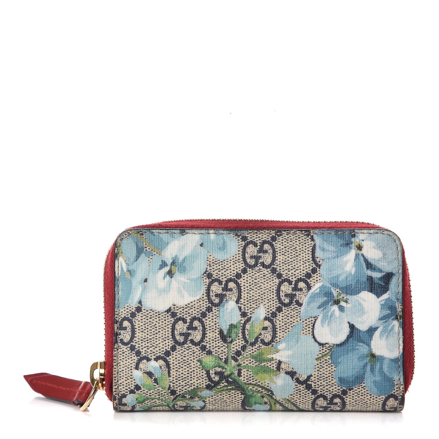 GG Supreme Monogram Blooms Zip Around Card Case Wallet Beige Blue Navy Hibiscus Red