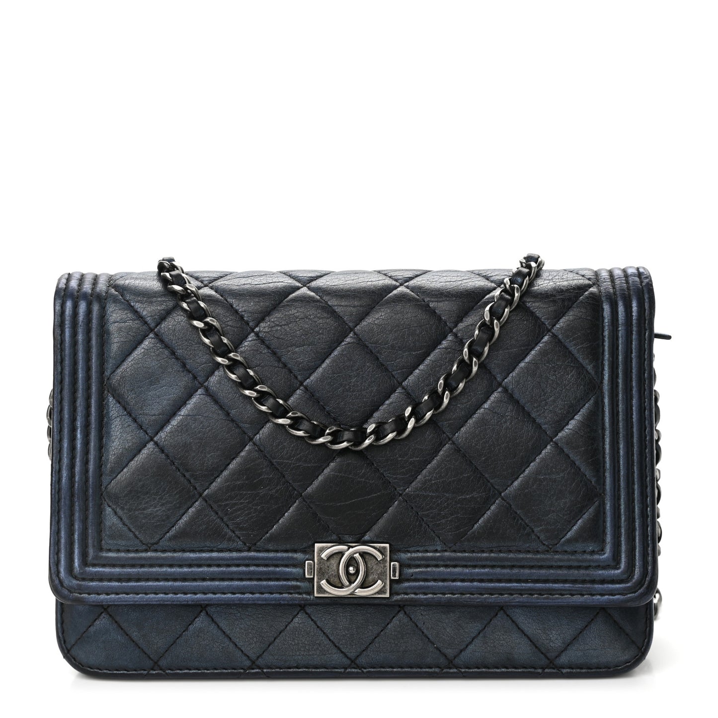 Metallic Calfskin Quilted Boy Wallet On Chain WOC Navy Blue