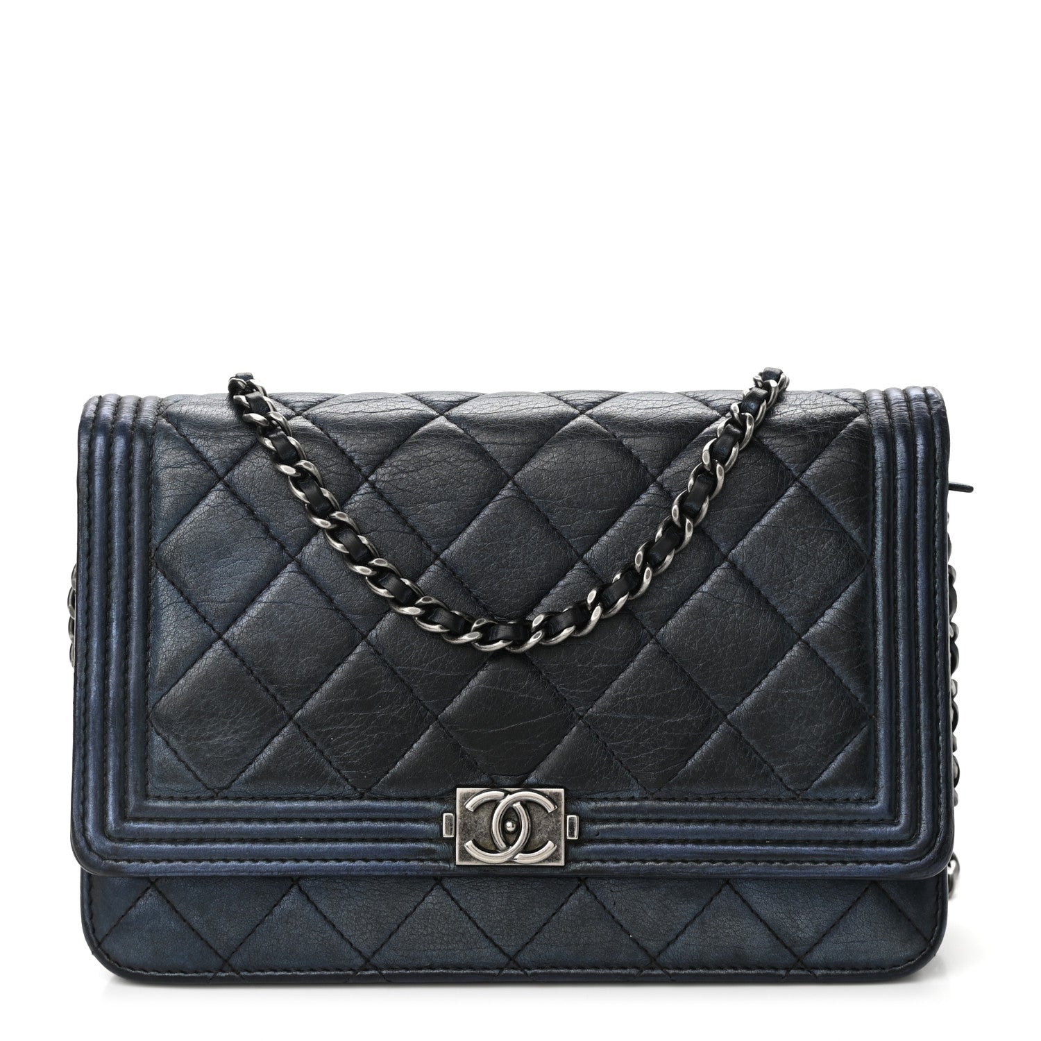Chanel Metallic Calfskin Quilted Boy Wallet On Chain WOC Navy Blue 1 of 11