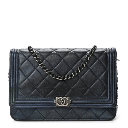 Chanel Metallic Calfskin Quilted Boy Wallet On Chain WOC Navy Blue 1 of 11