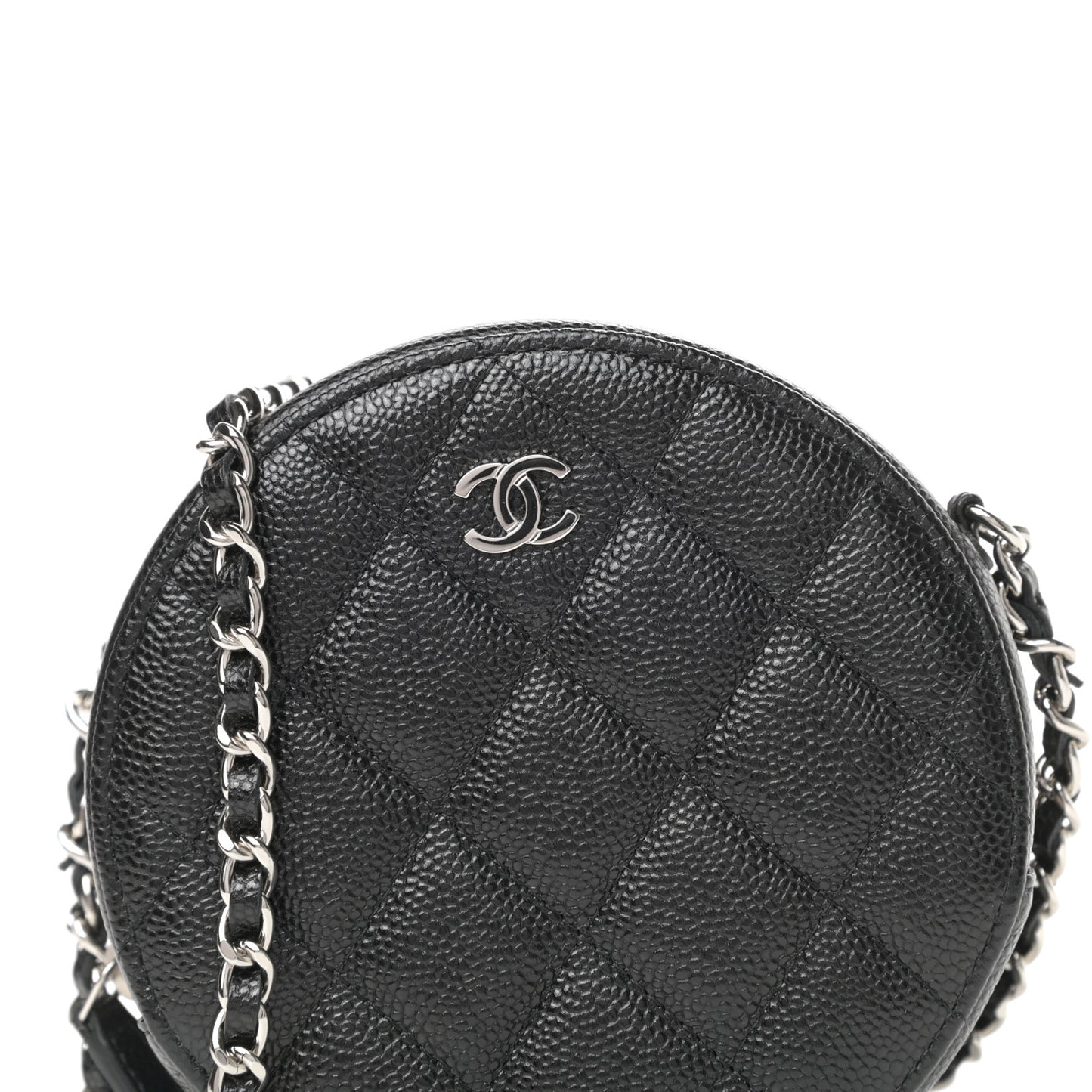 Caviar Quilted Round Clutch With Chain Black