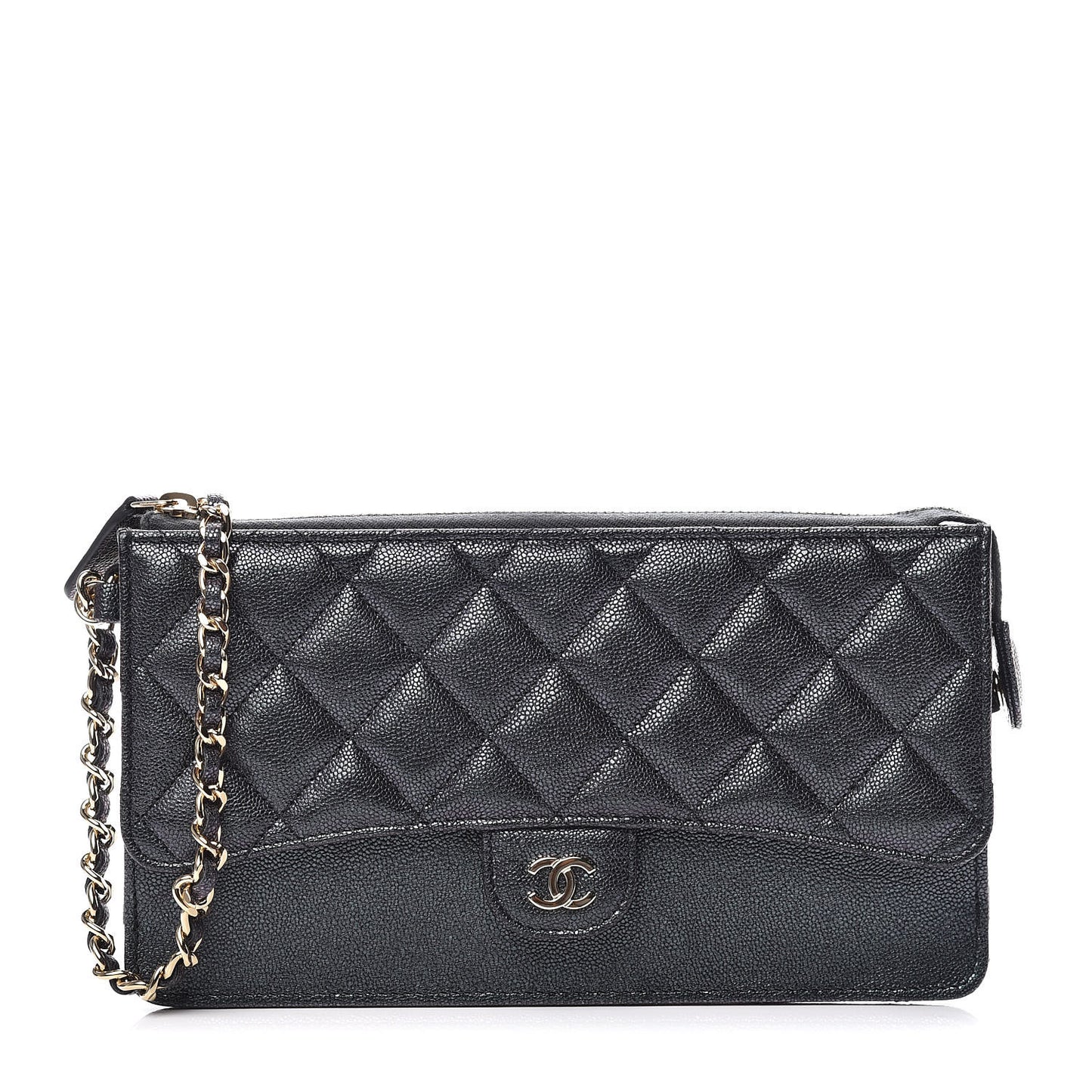 Iridescent Caviar Quilted Classic Pouch With Handle Black