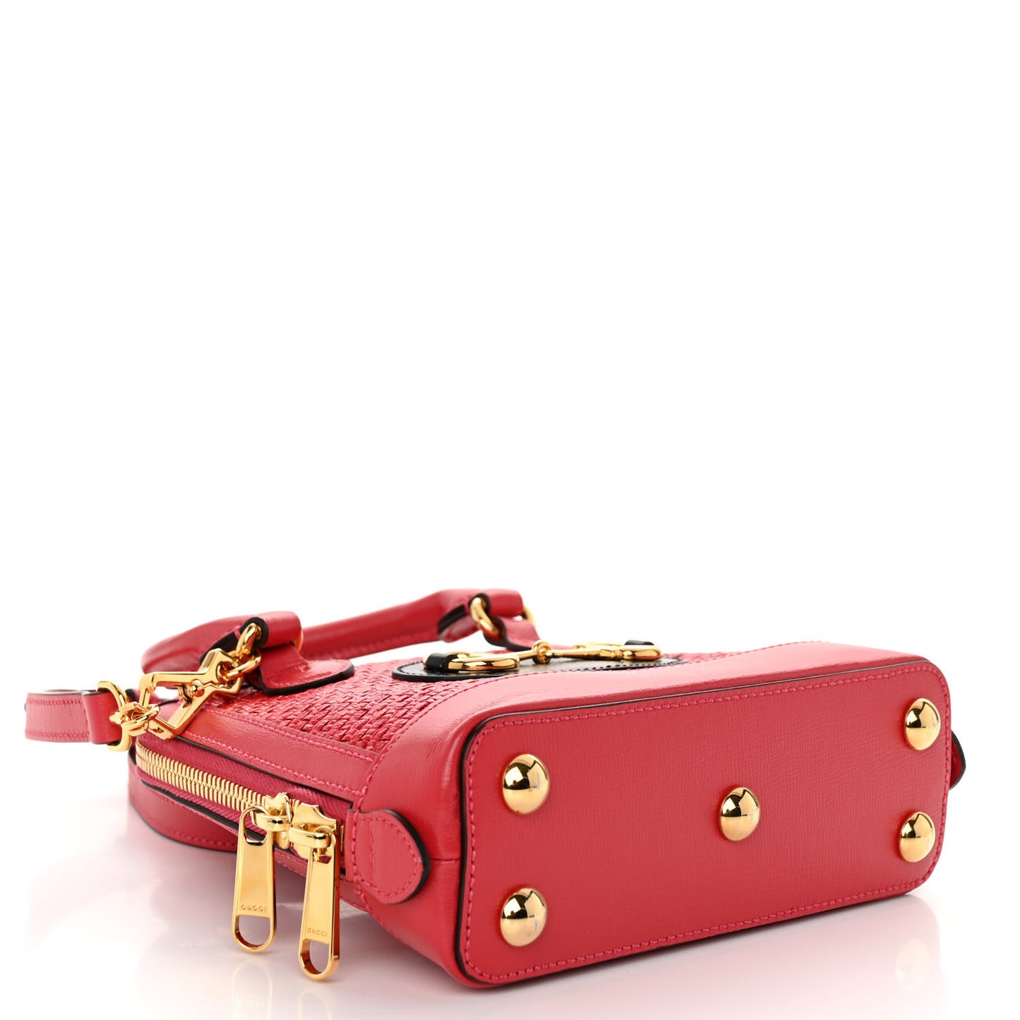 Straw Azalea Calfskin Woven Mini Horsebit 1955 Top Handle Bag Coral Wave Black