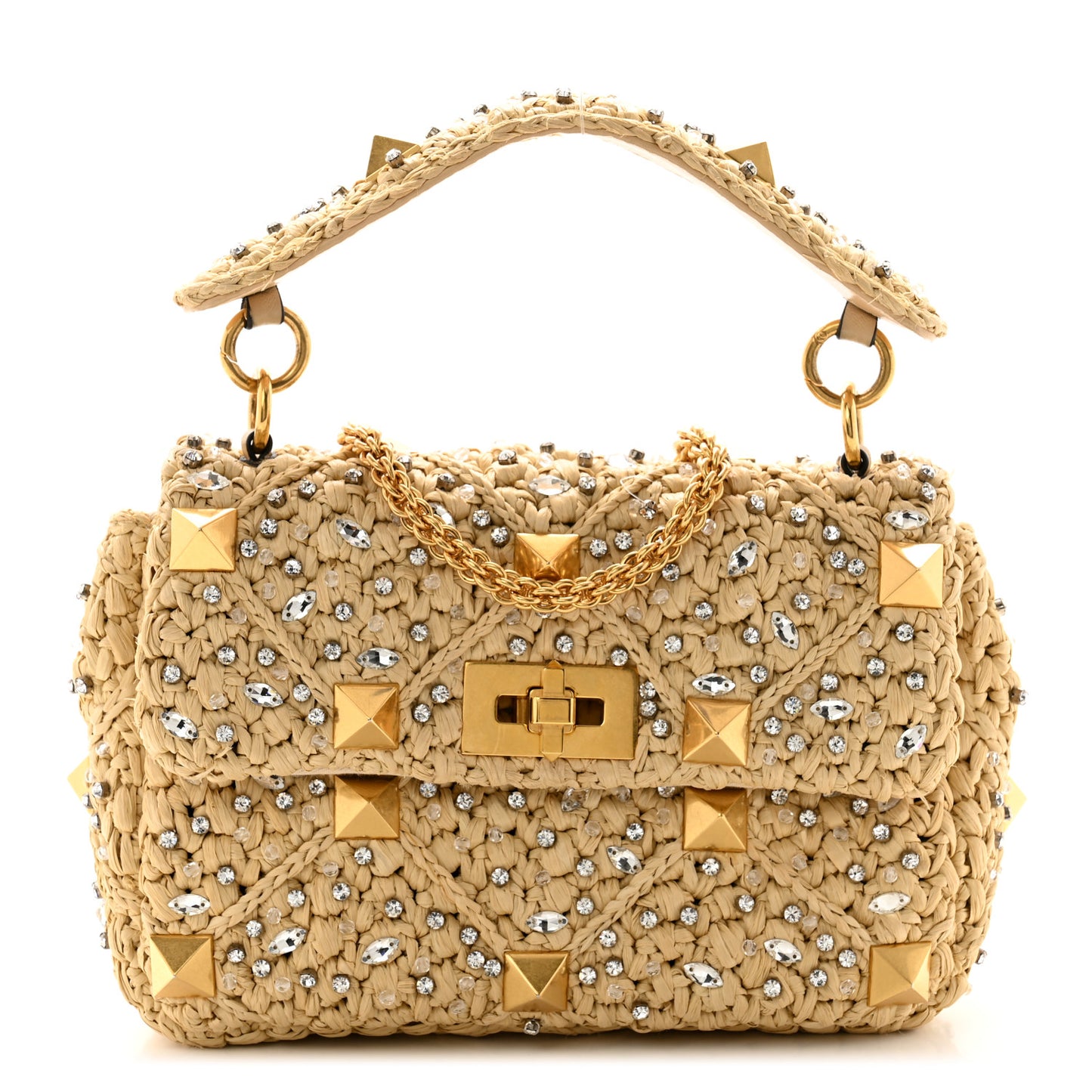 Raffia Crystal Medium Roman Stud Shoulder Bag Naturale Crystal