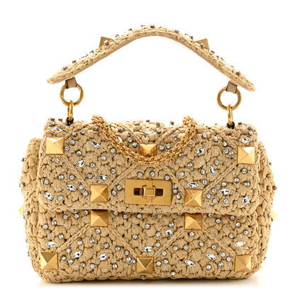 Valentino Garavani Raffia Crystal Medium Roman Stud Shoulder Bag Naturale Crystal 1 of 11