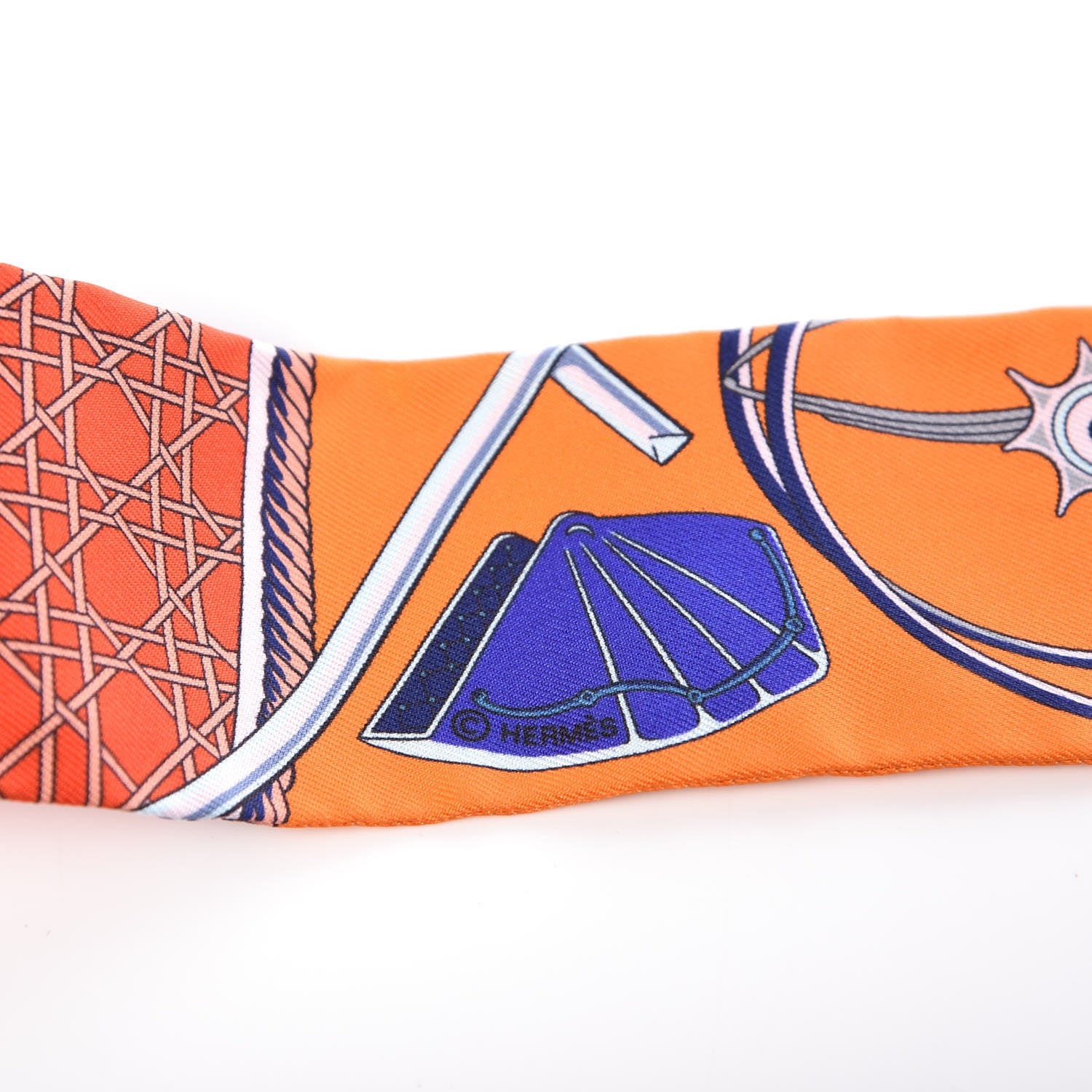 Hermes Silk Les Voitures A Transformation Twilly Orange Cobalt Vermillon 5 of 5