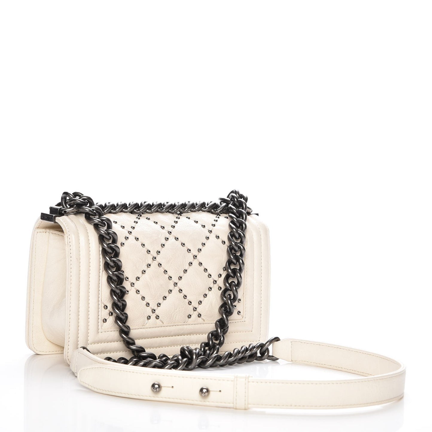 Crumpled Lambskin Small Studded Boy Flap Ecru