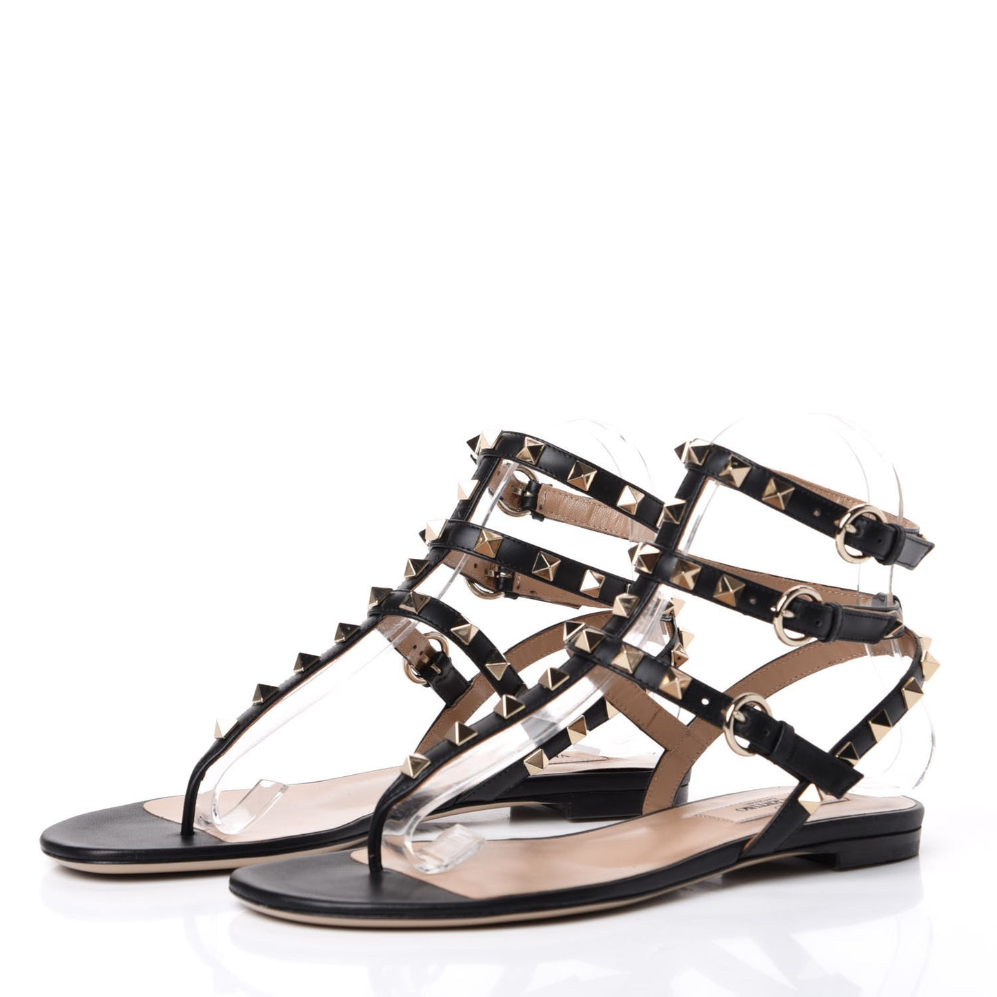 Calfskin Rockstud Ankle Wrap Flat Thong Sandals 36 Black