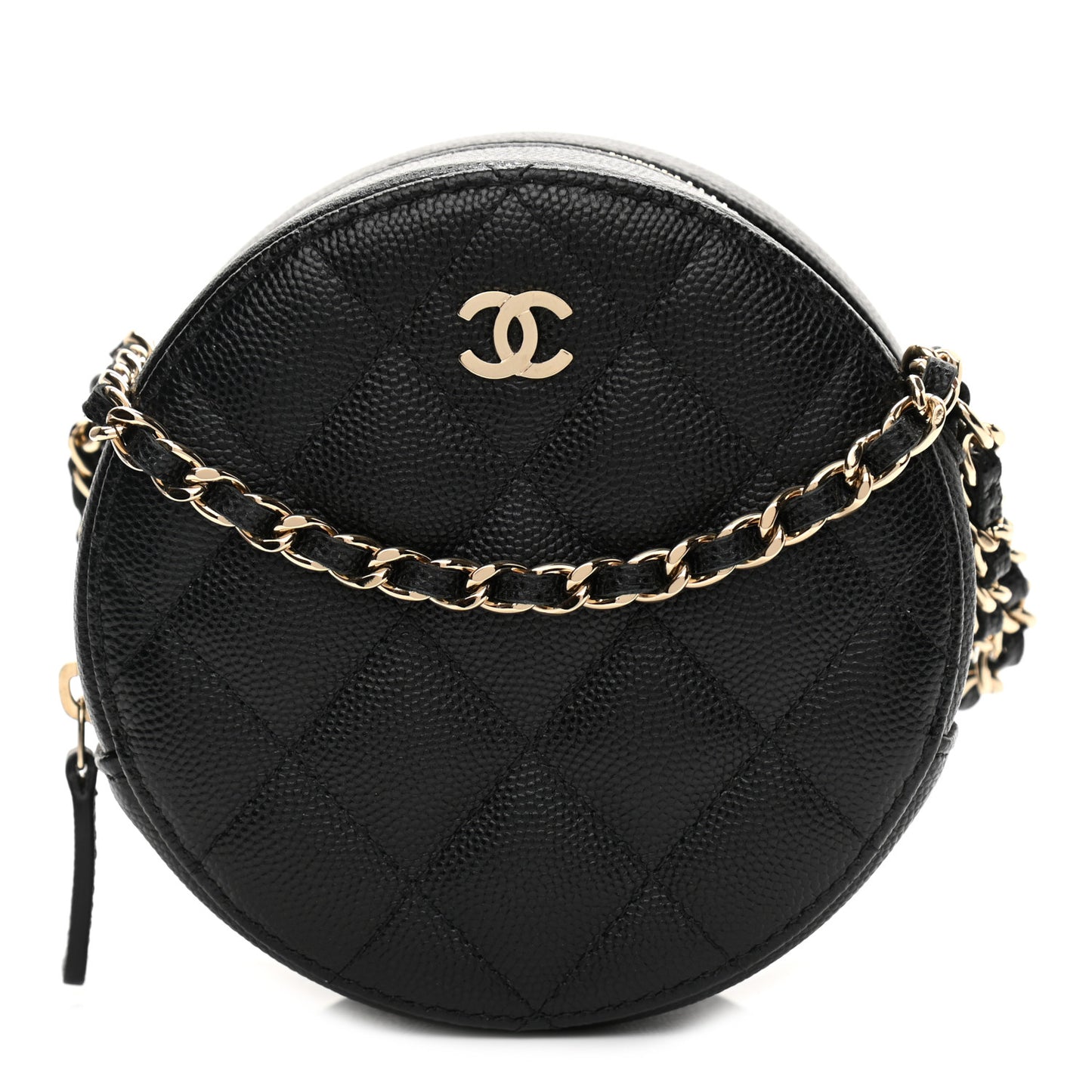 Caviar Quilted Round Clutch With Chain Black