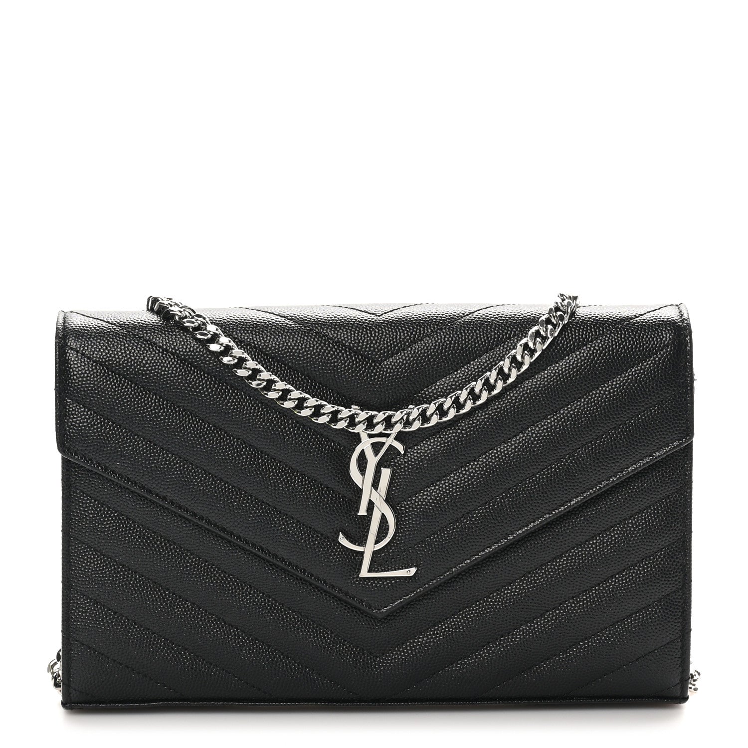 Saint Laurent Grain De Poudre Matelasse Chevron Monogram Chain Wallet Black 1 of 10