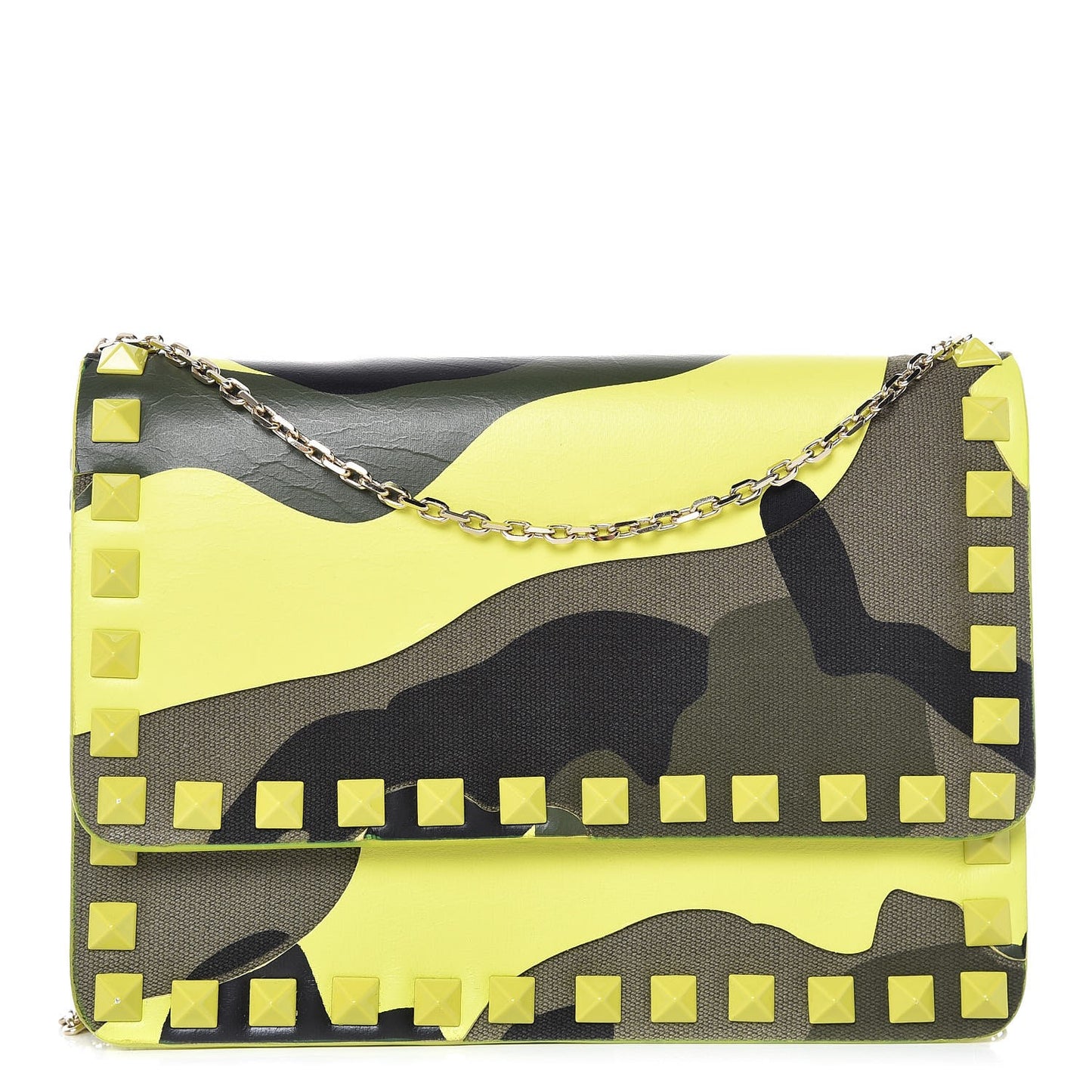 Nappa Canvas Camouflage Rockstud Chain Flap Crossbody Bag Fluo Yellow Multicolor