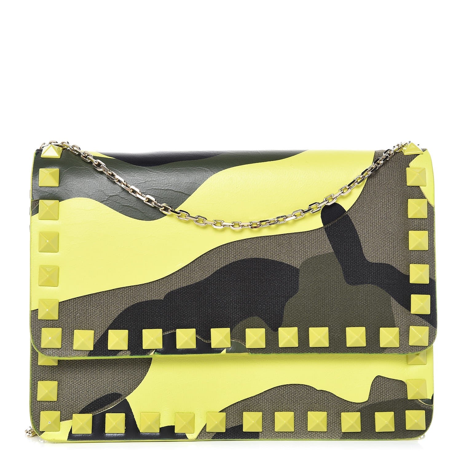 Valentino Garavani Nappa Canvas Camouflage Rockstud Chain Flap Crossbody Bag Fluo Yellow Multicolor 1 of 11