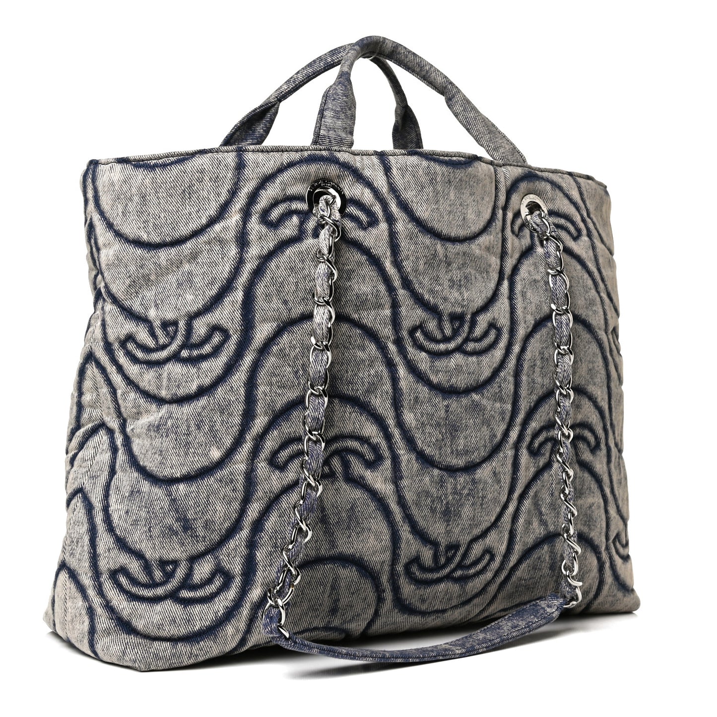Denim Embossed CC Logo Print Shopping Tote Navy Blue
