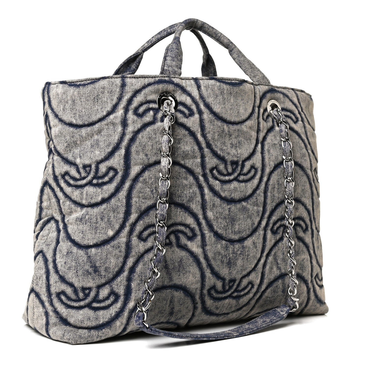 Chanel Denim Embossed CC Logo Print Shopping Tote Navy Blue 2 of 12