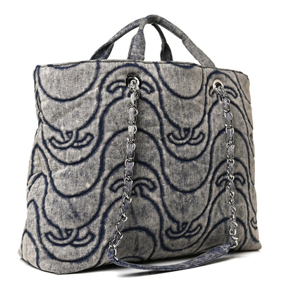 Chanel Denim Embossed CC Logo Print Shopping Tote Navy Blue 2 of 12