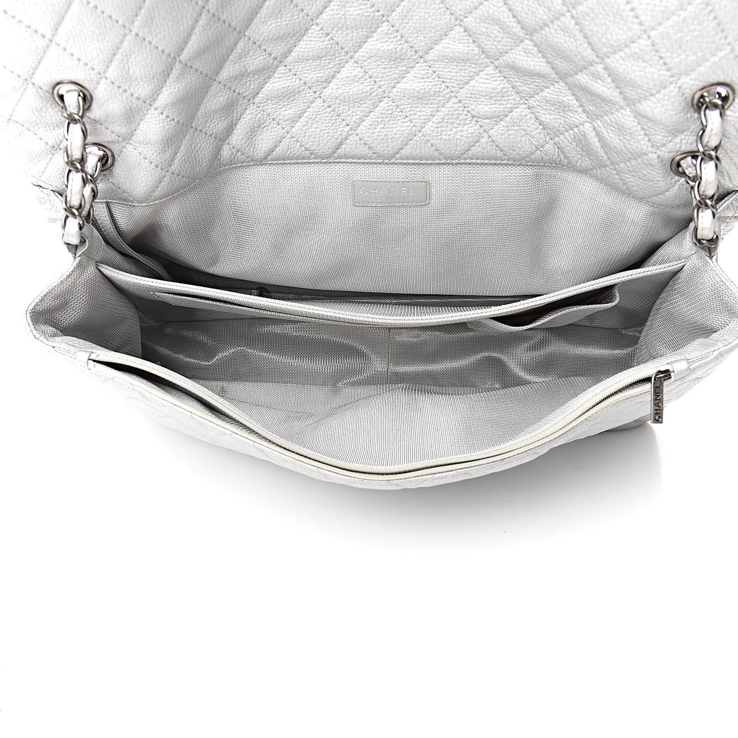 Metallic Calfskin Quilted XXL Travel Flap Bag Silver