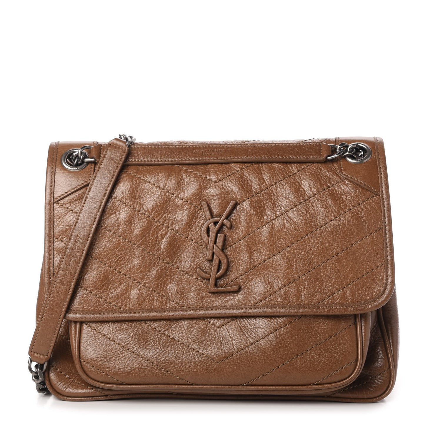 Crinkled Calfskin Matelasse Monogram Medium Niki Chain Satchel Caramel