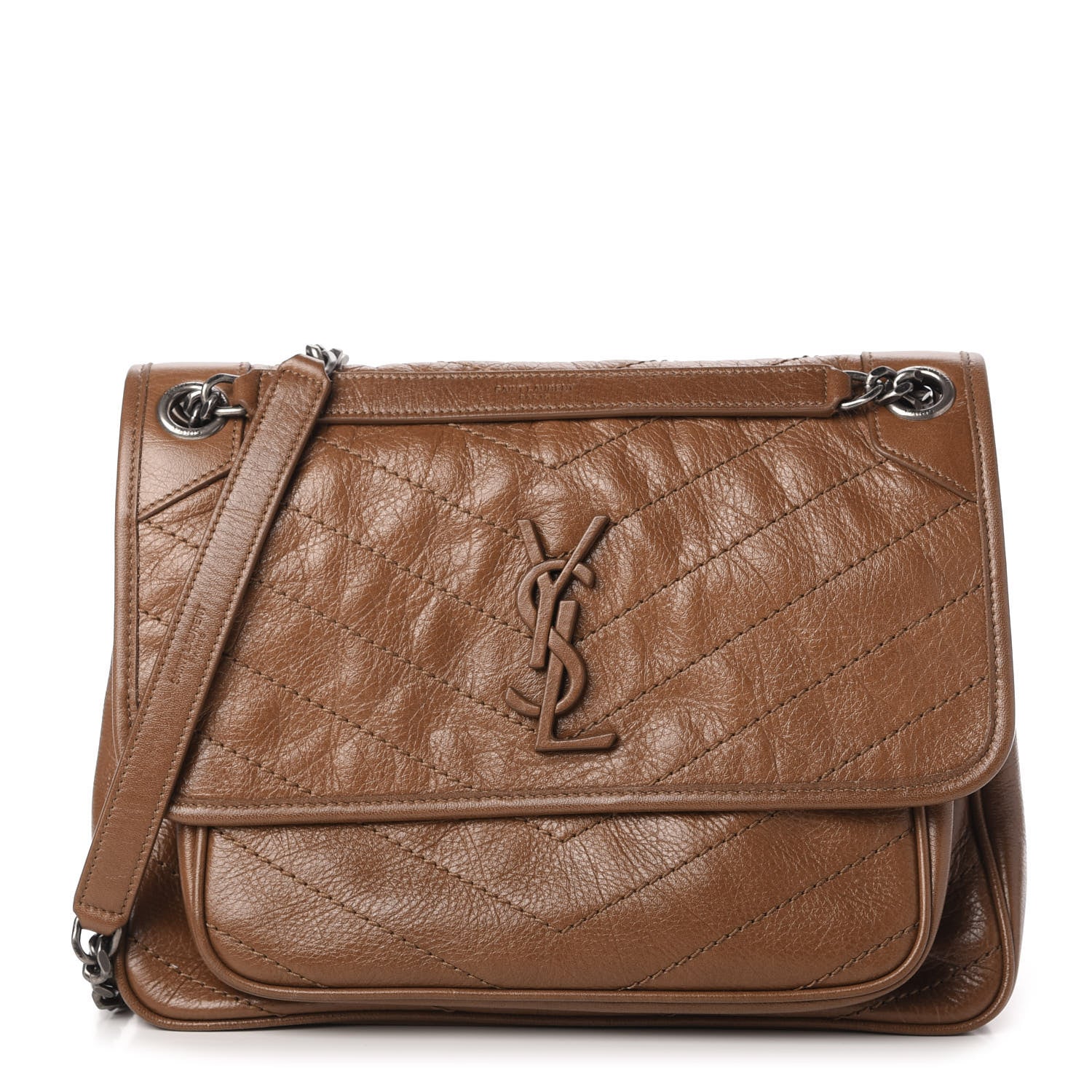 Saint Laurent Crinkled Calfskin Matelasse Monogram Medium Niki Chain Satchel Caramel 1 of 10