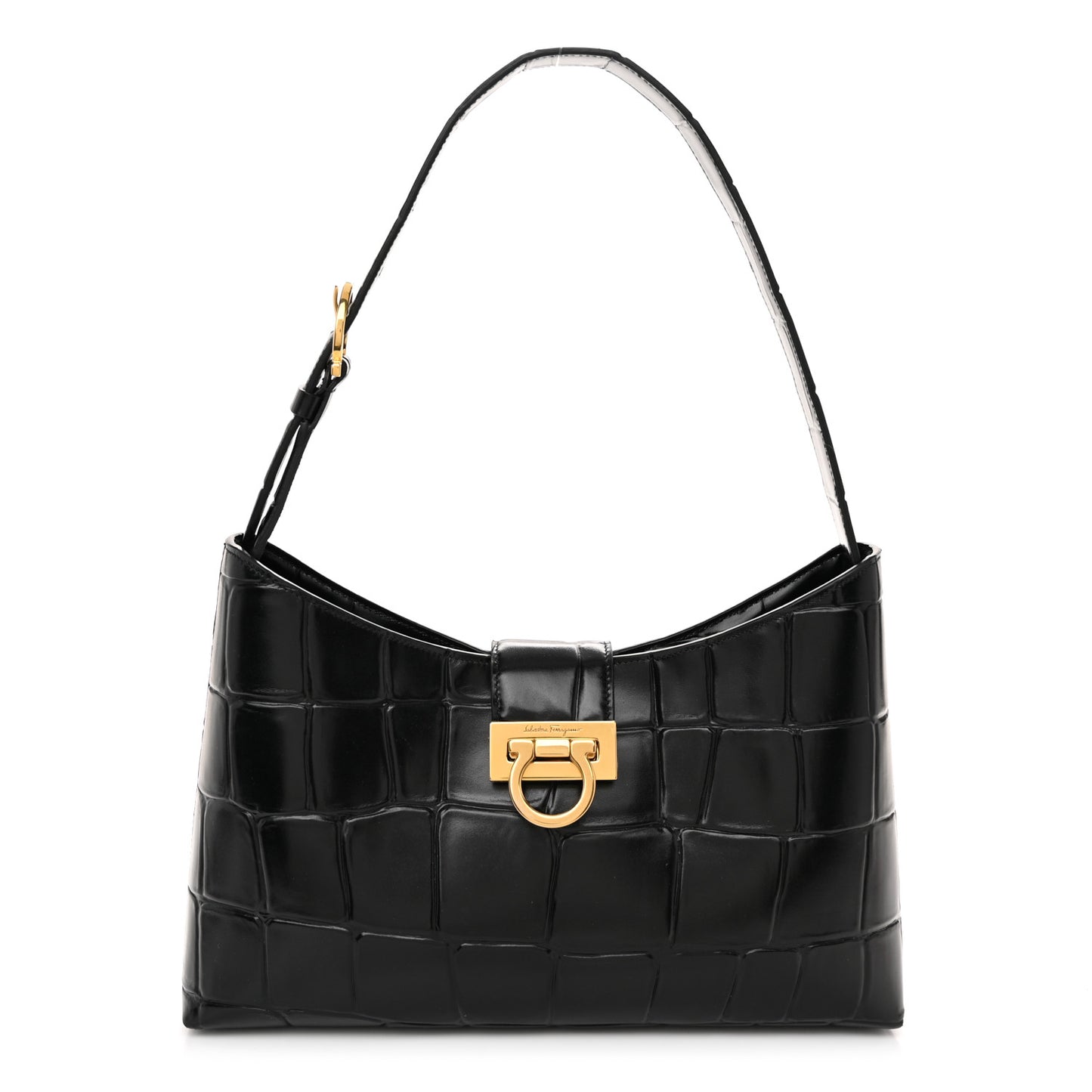 Calfskin Crocodile Embossed Trifolio Shoulder Bag Black Black