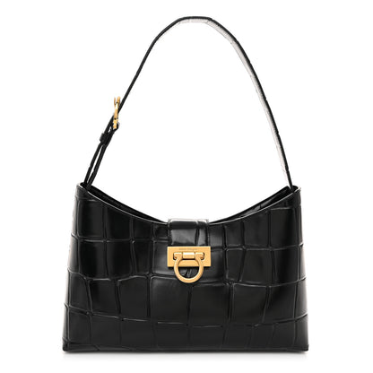 Salvatore Ferragamo Calfskin Crocodile Embossed Trifolio Shoulder Bag Black Black 1 of 10