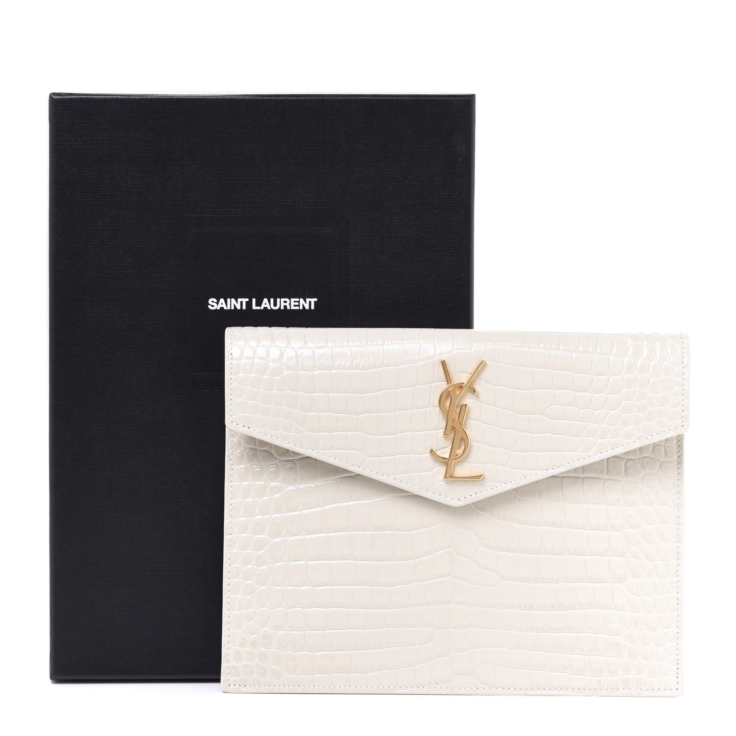 Saint Laurent Calfskin Crocodile Embossed Monogram Uptown Baby Pouch Perle 7 of 7