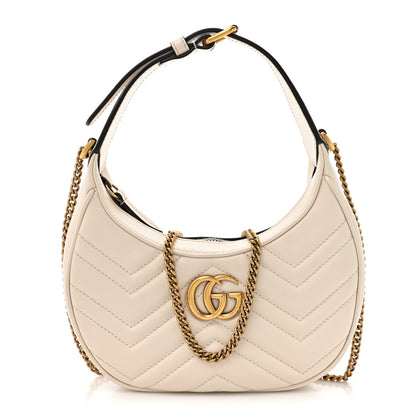 Gucci Calfskin Matelasse Chevron Mini GG Marmont Half Moon Hobo Mystic White 1 of 11