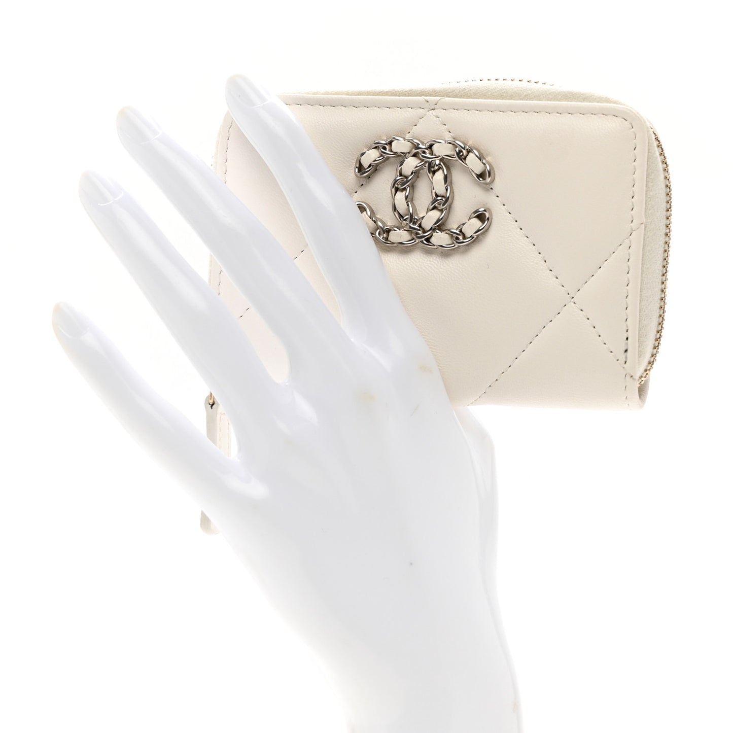 Lambskin Quilted Chanel 19 Zip Around Coin Purse Wallet White