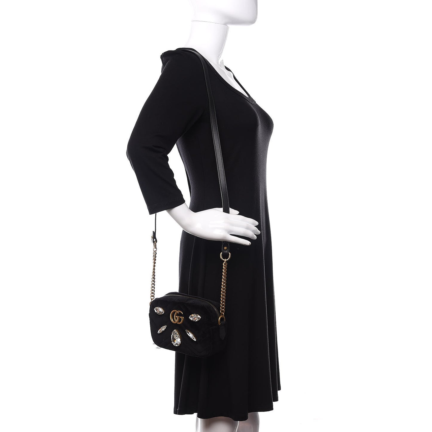 Velvet Matelasse Marquise Crystals Mini GG Marmont Chain Shoulder Bag Black