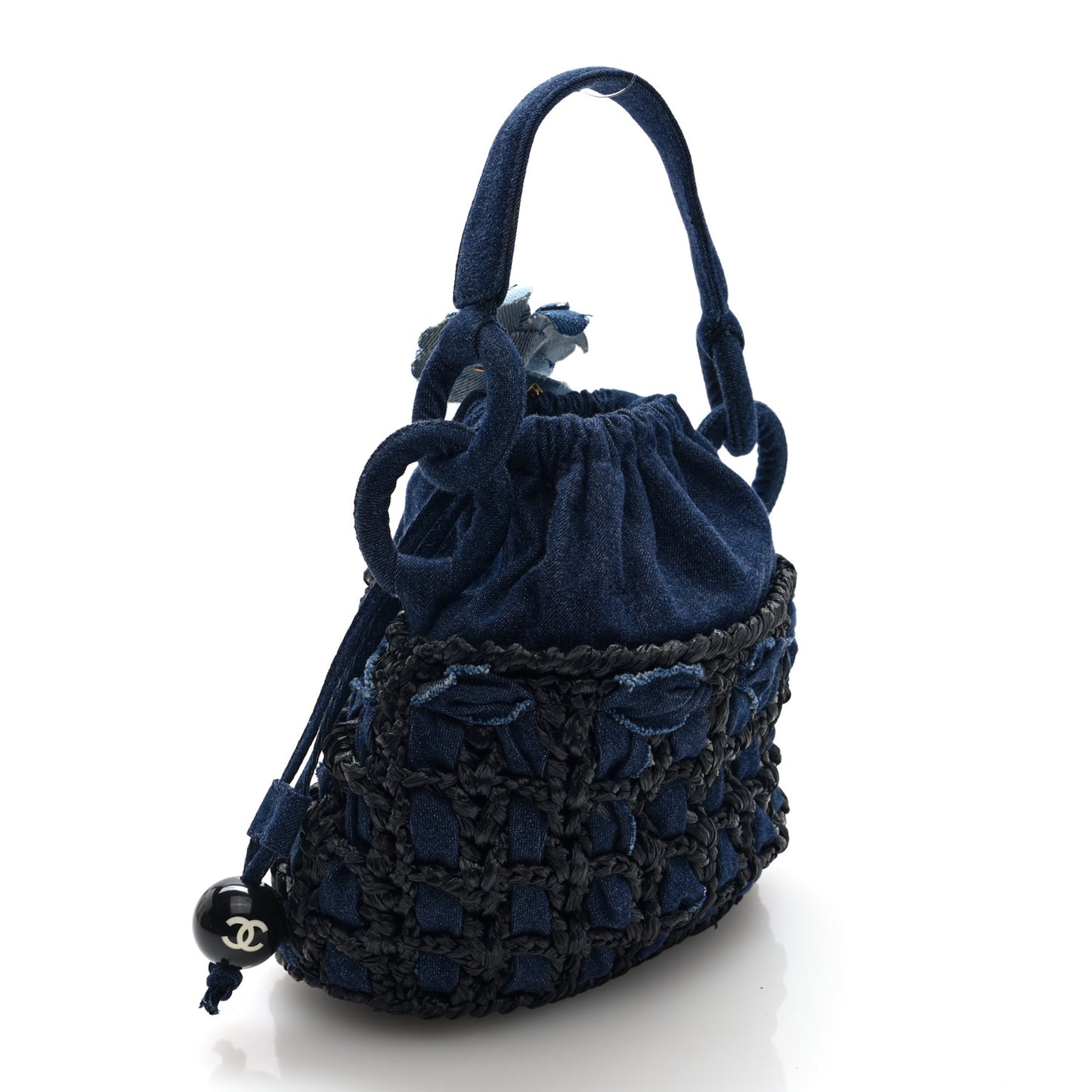 Denim Raffia Woven Bucket Bag
