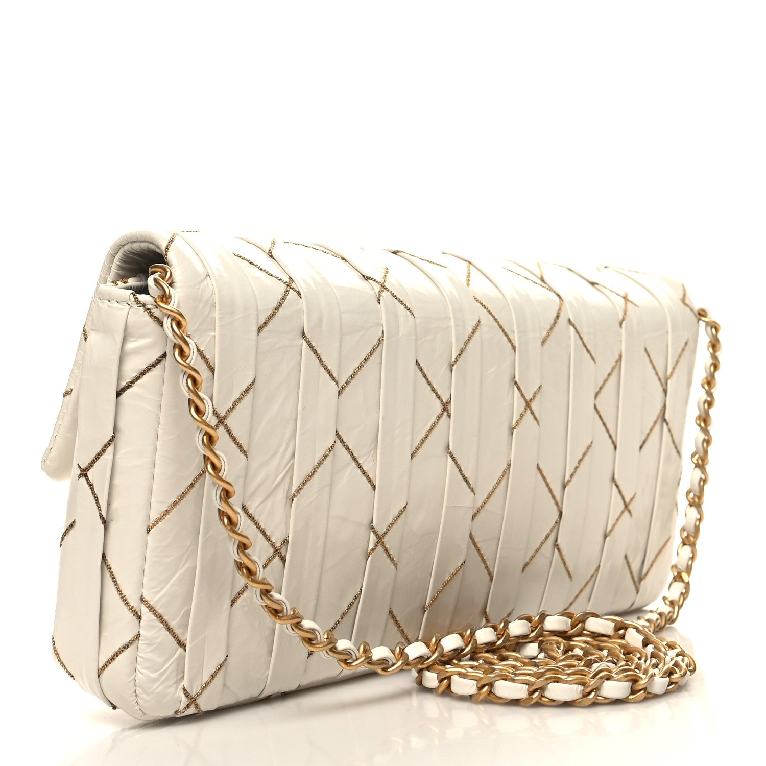 Chanel Glazed Calfskin Pleated Chain Stitch East West Flap White 3 of 10
