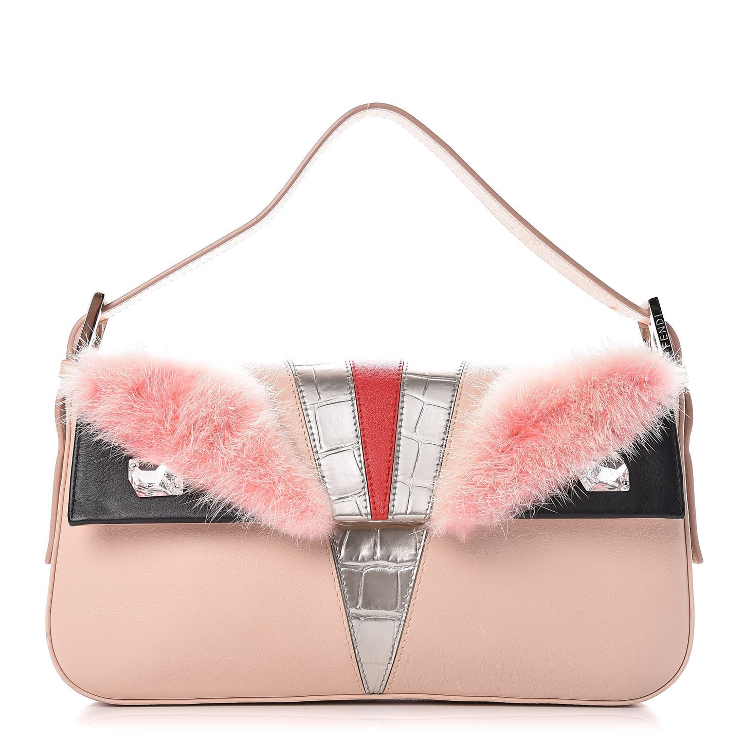 Calfskin Fox Mink Fur Monster Crocodile Embossed Baguette Rosa Plaster Multicolor