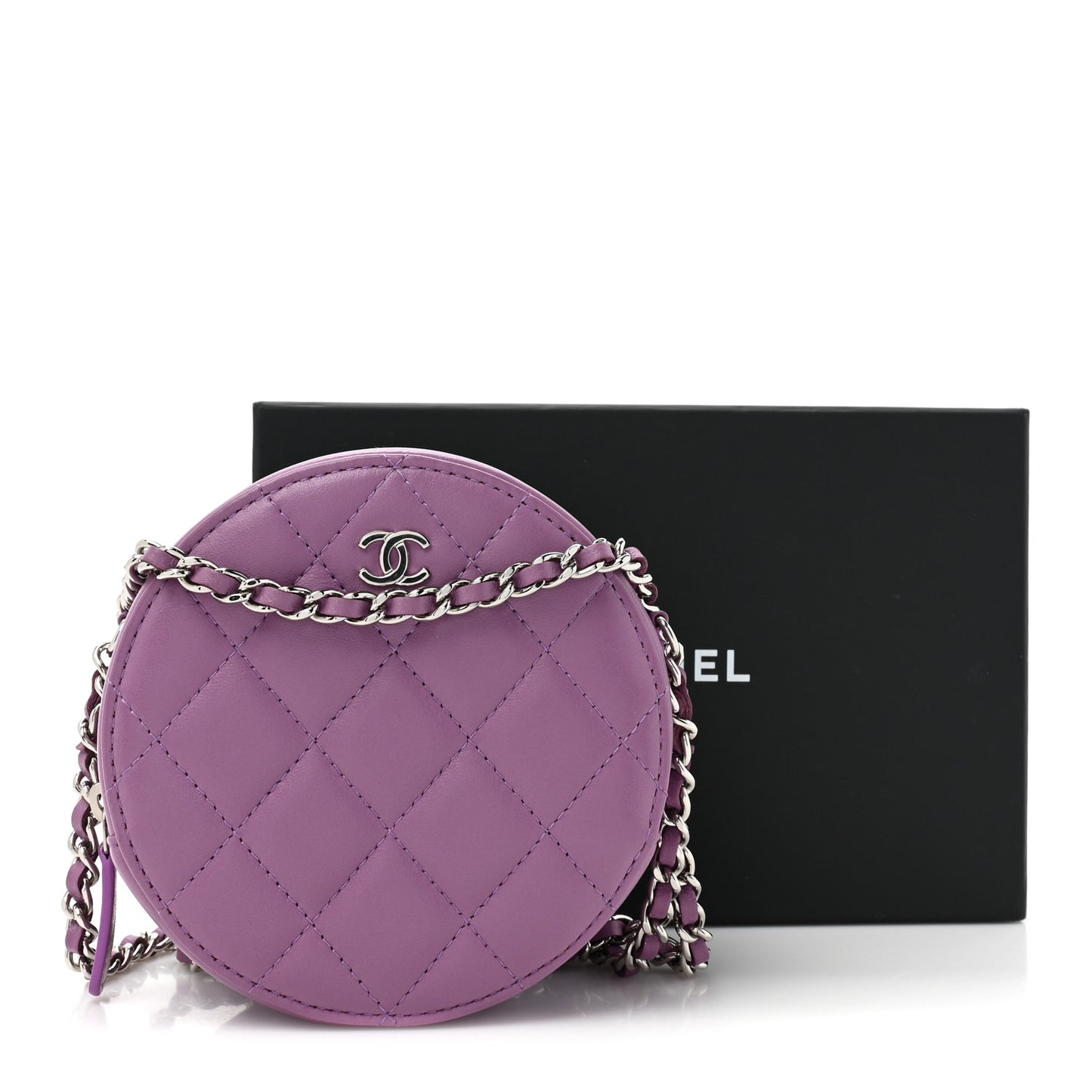Lambskin Quilted Round Clutch With Chain Purple