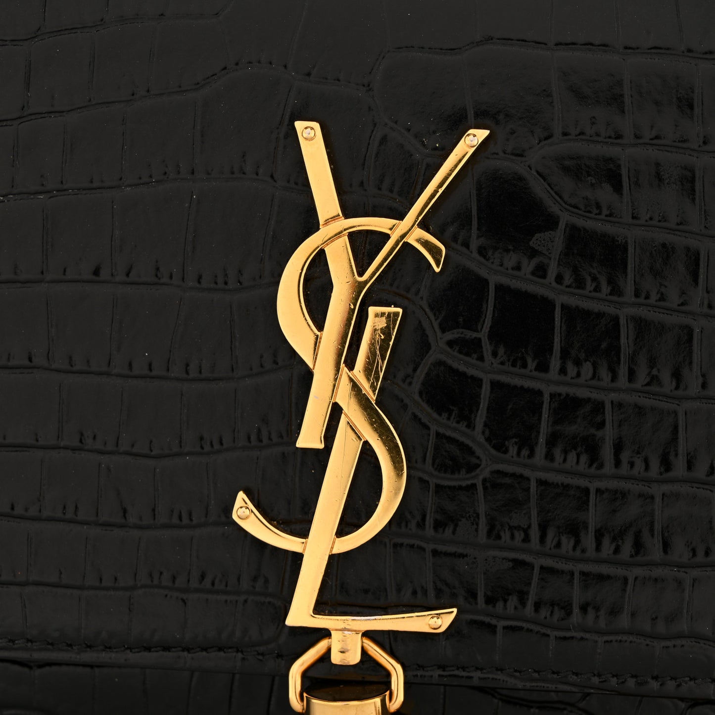 Calfskin Crocodile Embossed Small Classic Monogram Kate Tassel Satchel Black