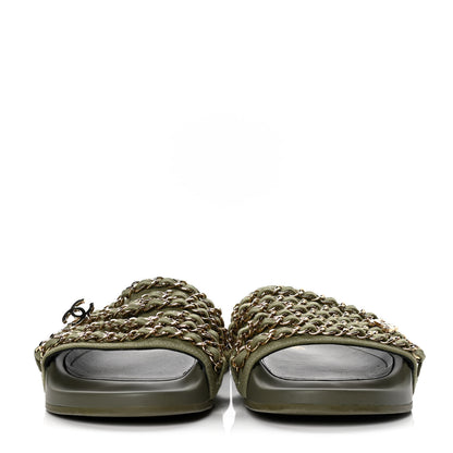 Chanel Canvas Chain Flat Sandals 38 Khaki 2 of 4