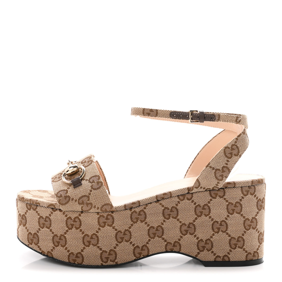 Gucci Monogram Nappa Chalotte Horsebit Ankle Strap 75mm Flatform Sandals 38 Beige Ebony 1 of 8