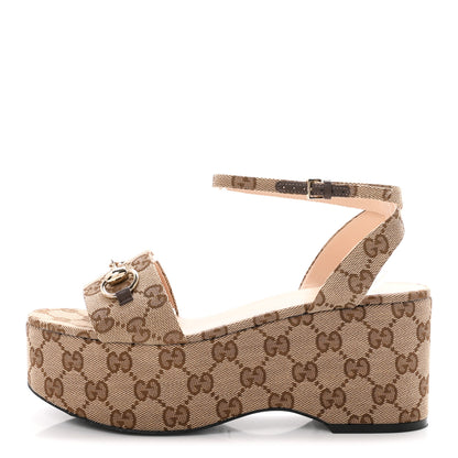 Gucci Monogram Nappa Chalotte Horsebit Ankle Strap 75mm Flatform Sandals 38 Beige Ebony 1 of 8