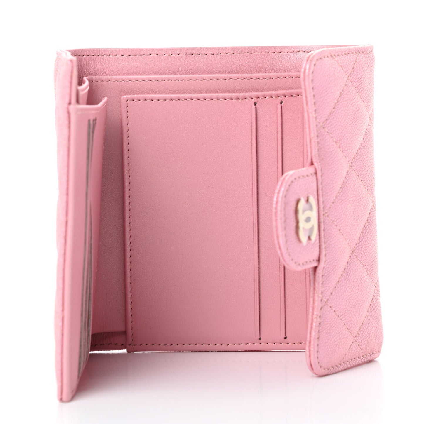 Iridescent Caviar Quilted Compact Flap Wallet Pink