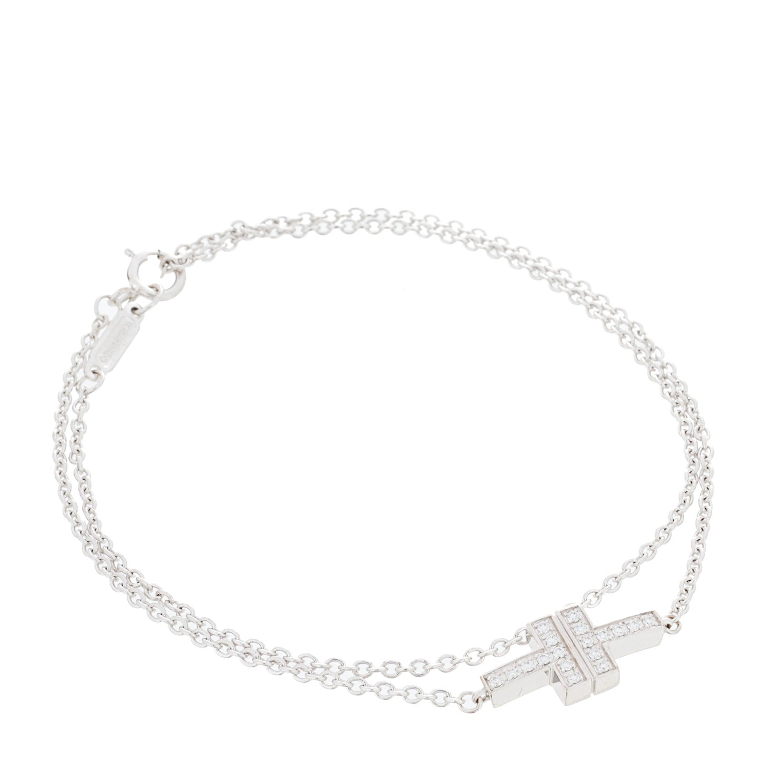 Tiffany 18K White Gold Diamond T Double Chain Bracelet 1 of 4