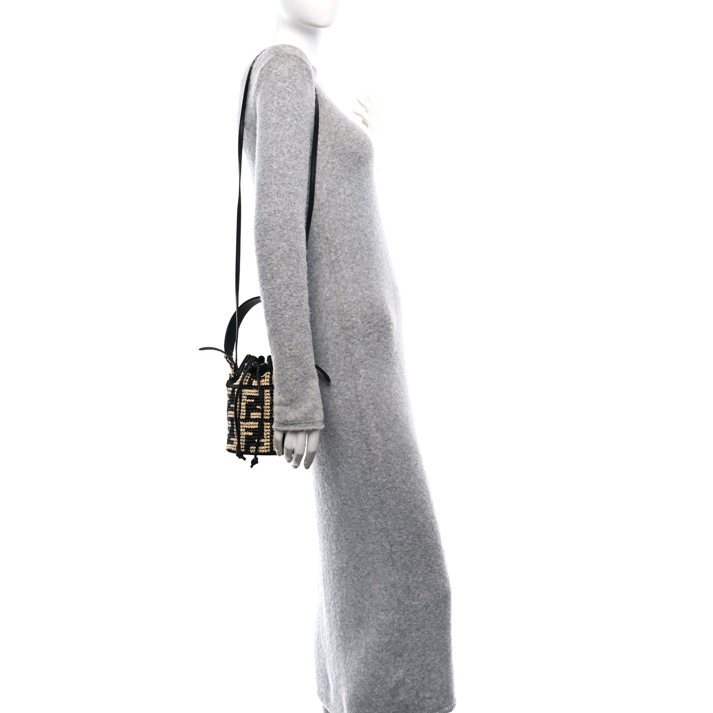 Raffia Vitello Seta F is Fendi FF Woven Mini Mon Tresor Bucket Bag Black Natural