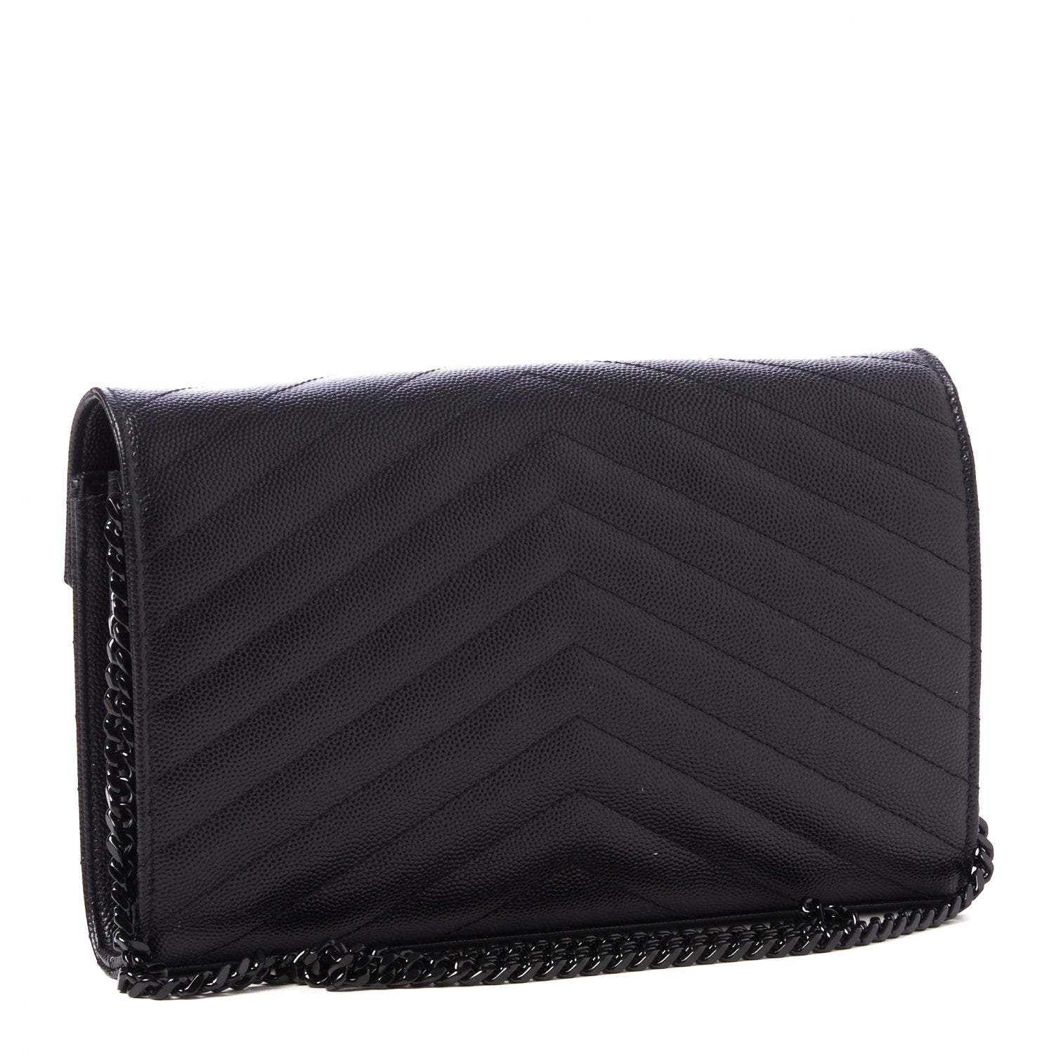 Saint Laurent Grain De Poudre Matelasse Chevron Monogram Chain Wallet Black 3 of 9